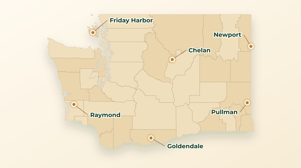 Accurate Washington land service area map with county boundaries and major city labels